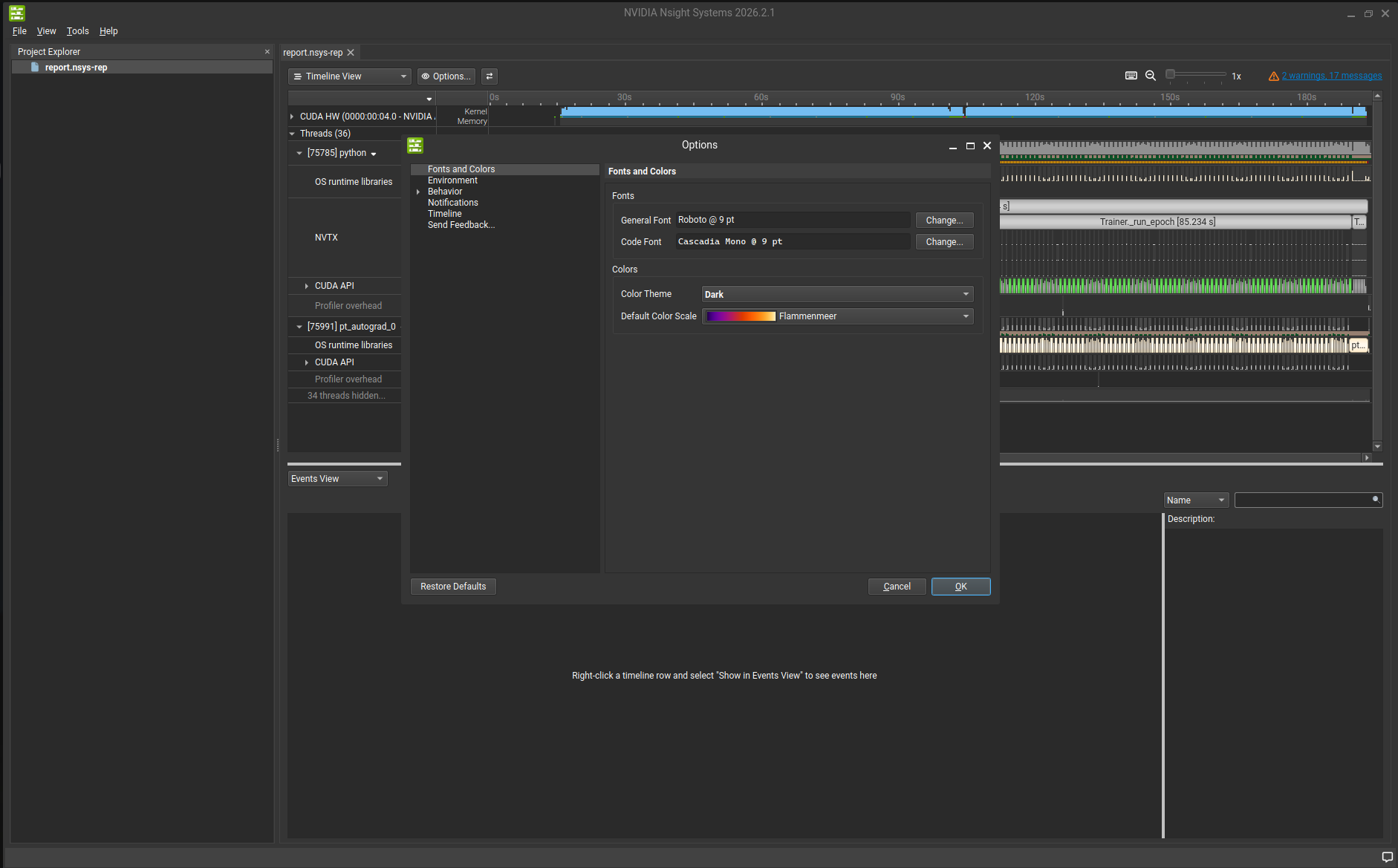 Nsight Systems options menu